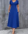 Kadın Kısa Kollu V Yakalı Cepli Viskon Elbise