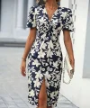 Kadın Kısa Kollu V Yakalı çiçek Desenli Midi Atlas Elbise