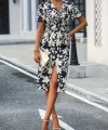 Kadın Kısa Kollu V Yakalı çiçek Desenli Midi Atlas Elbise