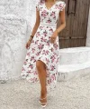 Kadın Kısa Kollu V Yakalı çiçek Desenli önü Kısa Arkası Uzun Süprem Elbise