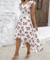 Kadın Kısa Kollu V Yakalı çiçek Desenli önü Kısa Arkası Uzun Süprem Elbise