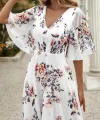 Kadın Kısa Kollu V Yakalı çiçek Desenli Süprem Elbise