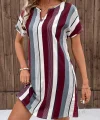 Kadın Kısa Kollu V Yakalı çizgi Baskılı Süprem Elbise
