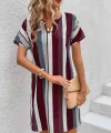 Kadın Kısa Kollu V Yakalı çizgi Baskılı Süprem Elbise