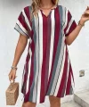 Kadın Kısa Kollu V Yakalı çizgi Baskılı Süprem Elbise