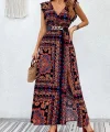 Kadın Kısa Kollu V Yakalı Deseni Yırtmaçlı Süprem Elbise