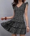 Kadın Kısa Kollu V Yakalı Desenli Fırfırlı Süprem Elbise