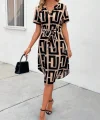 Kadın Kısa Kollu V Yakalı Desenli Kuşaklı Süprem Elbise