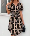 Kadın Kısa Kollu V Yakalı Desenli Kuşaklı Süprem Elbise