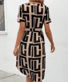 Kadın Kısa Kollu V Yakalı Desenli Kuşaklı Süprem Elbise