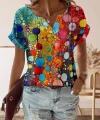 Kadın Kısa Kollu V Yakalı Desenli Süprem Bluz