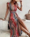 Kadın Kısa Kollu V Yakalı Desenli Yandan Yırtmaçlı Süprem Elbise