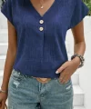 Kadın Kısa Kollu V Yakalı Düğmeli Keten Bluz