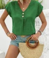 Kadın Kısa Kollu V Yakalı Düğmeli Keten Bluz