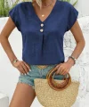 Kadın Kısa Kollu V Yakalı Düğmeli Keten Bluz