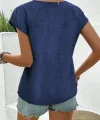 Kadın Kısa Kollu V Yakalı Düğmeli Keten Bluz