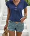 Kadın Kısa Kollu V Yakalı Düğmeli Keten Bluz