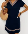 Kadın Kısa Kollu V Yakalı Etnik Desen şerit Detaylı Viskon Elbise