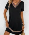 Kadın Kısa Kollu V Yakalı Etnik Desen şerit Detaylı Viskon Elbise