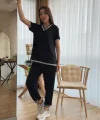 Kadın Kısa Kollu V Yakalı Iki Iplik Bluz Ve Pantolon Ikili Takım