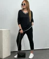 Kadın Kısa Kollu V Yakalı Iki Iplik Bluz Ve Pantolon Ikili Takım