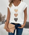 Kadın Kısa Kollu V Yakalı Kalp Desen Viskon Bluz