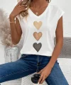 Kadın Kısa Kollu V Yakalı Kalp Desen Viskon Bluz
