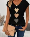 Kadın Kısa Kollu V Yakalı Kalp Desen Viskon Bluz