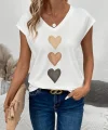 Kadın Kısa Kollu V Yakalı Kalp Desen Viskon Bluz
