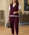 Kadın Kısa Kollu V Yakalı Kapşonlu Viskon Iki Iplik Bluz Ve Pantolon Takım