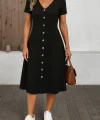 Kadın Kısa Kollu V Yakalı önden Düğmeli A Kesim Dokuma Elbise