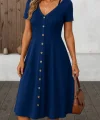 Kadın Kısa Kollu V Yakalı önden Düğmeli A Kesim Dokuma Elbise