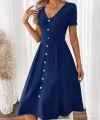 Kadın Kısa Kollu V Yakalı önden Düğmeli A Kesim Dokuma Elbise