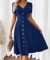 Kadın Kısa Kollu V Yakalı önden Düğmeli A Kesim Dokuma Elbise