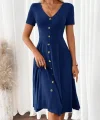 Kadın Kısa Kollu V Yakalı önden Düğmeli A Kesim Dokuma Elbise