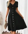 Kadın Kısa Kollu V Yakalı önden Düğmeli A Kesim Dokuma Elbise