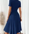 Kadın Kısa Kollu V Yakalı önden Düğmeli A Kesim Dokuma Elbise