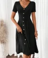 Kadın Kısa Kollu V Yakalı önden Düğmeli A Kesim Dokuma Elbise