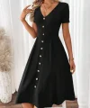 Kadın Kısa Kollu V Yakalı önden Düğmeli A Kesim Dokuma Elbise