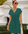 Kadın Kısa Kollu V Yakalı önden Düğmeli Belden Kuşaklı Cepli Sofya Elbise
