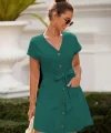 Kadın Kısa Kollu V Yakalı önden Düğmeli Belden Kuşaklı Cepli Sofya Elbise