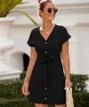 Kadın Kısa Kollu V Yakalı önden Düğmeli Belden Kuşaklı Cepli Sofya Elbise