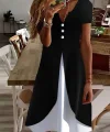 Kadın Kısa Kollu V Yakalı önden Düğmeli çift Renkli Viskon Elbise