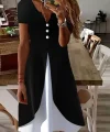 Kadın Kısa Kollu V Yakalı önden Düğmeli çift Renkli Viskon Elbise