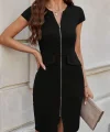 Kadın Kısa Kollu V Yakalı önden Fermuarlı Kısa Ithal Krep Elbise