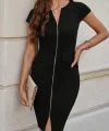Kadın Kısa Kollu V Yakalı önden Fermuarlı Kısa Ithal Krep Elbise