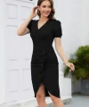 Kadın Kısa Kollu V Yakalı önden Fırfırlı Ithal Krep Elbise