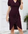 Kadın Kısa Kollu V Yakalı önden Fırfırlı Ithal Krep Elbise