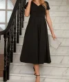 Kadın Kısa Kollu V Yakalı önden Pileli Midi Janjan Krep Elbise