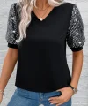 Kadın Kısa Kollu V Yakalı Pul Payet Detaylı Viskon Bluz